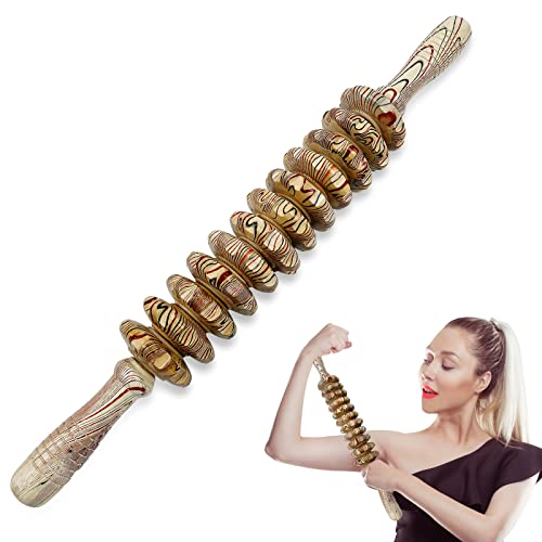 Wooden Massager Handheld Roller,Trigger Point Massager Stick for Fascia,Cellulite, Body Therapy Massager,Muscle & Abdomen Muscle Belly Relief Tool (12 Rotatable Rollers)
