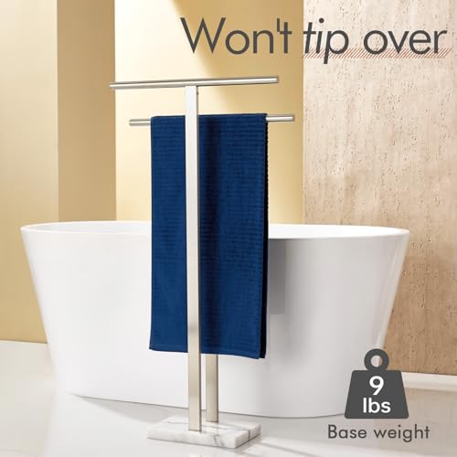Image of KOKOSIRI Towel Rack Free Standing Brushed Nickel 2-Tier Towel Holder for Bathroom Floor Stand with Heavy Marble Base Thicken Steady Design Stainless Steel THS0005-BR