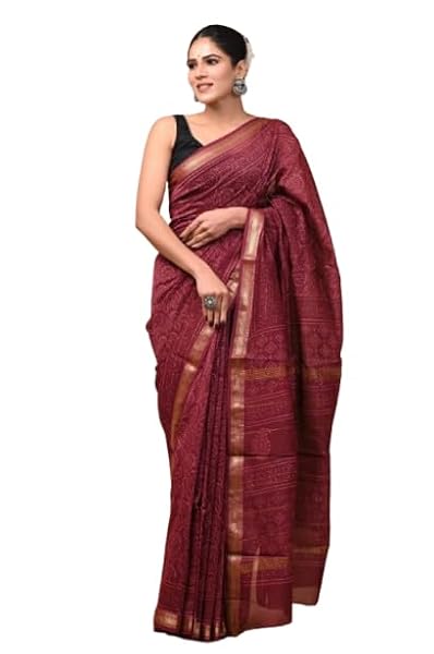 Eddika hand block printed Maheshwari silk saree 6.3 m including blouse piece (Maroon Saree)
