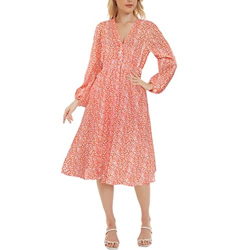 ROYLAMP Women's Floral Button Up Split Dress Deep V Short Bell Sleeve Casual Midi Dress with Pockets Small Z: Ls & Orange Floral