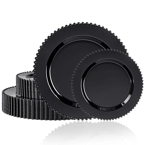 U-QE 60PCS Black Plastic Plates - Halloween Black Disposable Plates