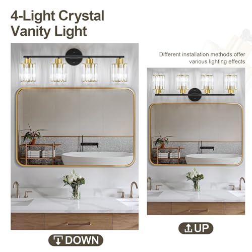 Image of Modern Black Gold Crystal Bathroom Light Fixtures,4-Light | Bathroom Lighting Fixtures over Mirror,Vanity Lights for Mirror, Restroom(Ceramic E26 Socket,Bulbs Not Include)