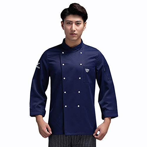 WXYC Unisex Kochjacke Langarm Herren Mit Verdeckten Druckknöpfen Bäckerjacke Schwarz Slim Style Zweireiher Bequeme Polyester-Baumwolle Für Bäckereien in Hotels Und Westlichen Restaurants,Blau,L Cover