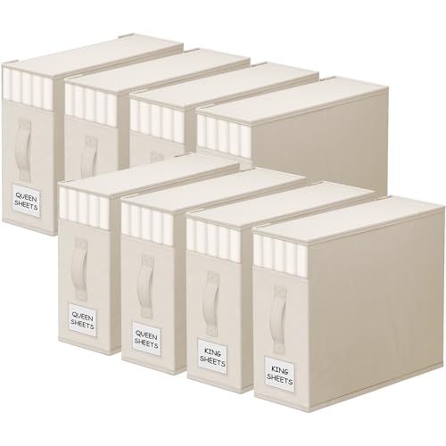 StorageTastic 8 Pack Bed Sheet Closet Organizers and Storage,Sturdy Foldable Storage Containers with Window and Label,Storage and Organization for Bedding Sheets,Duvet Covers,Blankets (Beige)