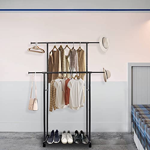 Fishat Simple Standard 2 Double Rod Clothing Metal Garment Rack For Hanging Clothes, Rolling Clothes Organizer On Lockable Wheels Mobile (Black) #TOP7