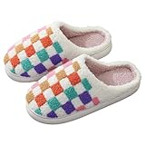Afellicy Plaid Scuff Slides House Slippers Multicolor Rainbow Checkered Slippers for Women Plaid Slipper Size 7 Size 8