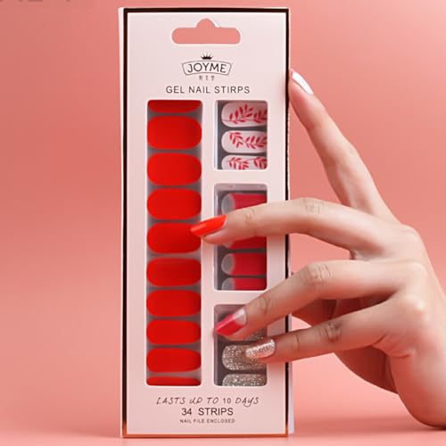 SPLOCUDU Red Semi Cured Gel Nail Strips,French tip Gel Nail Stickers for Women,UV Free, Long Lasting 34 Nail Warps,Includes 1 Prep Pad,1 Wooden Stick and 1 Nail File