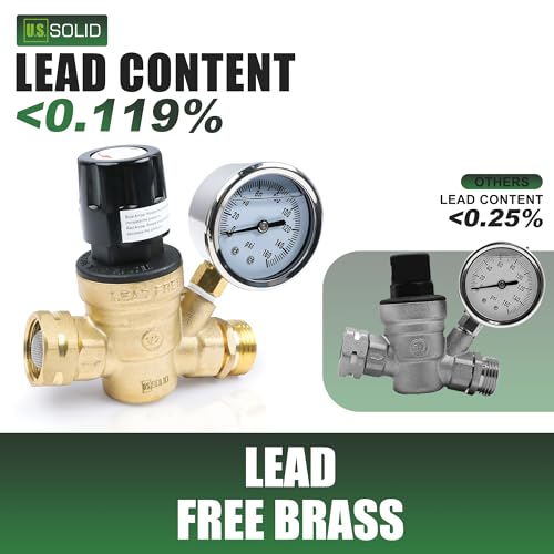 Image of U.S. Solid 3 /4 in GHT RV Water Pressure Regulator, Handwheel-Adjustable Lead-Free Brass Valve with 0-160 psi Gauge and Inlet Filter, for RV Camper Trailer and Garden Hose