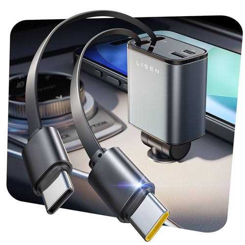 LISEN Retractable Car Charger USB C for iPhone 17, 69W Dual Type C Car Charger USBC Cargador para Carro for iPhone 17 Pro Max Air, Retractable Charger for Car fit iPhone 16 15 Pro Max Air, Black