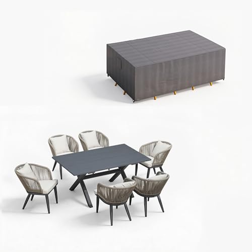 Image of PURPLE LEAF 7 Pieces Patio Dining Set with Waterproof Furniture Cover Rectangular Table and Chairs Set for Garden Deck Aluminum Frame Backyard Kitchen Set, Cushions and Pillows Included Taupe