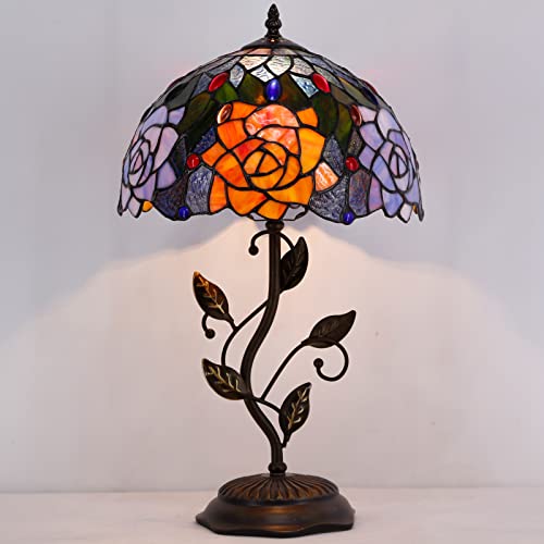 Avivadirect Tiffany Table Lamp, Stained Glass Lamp,Rose Desk Light W12H19 Inch Antique Iron Metal Leaves Bronze Base 1-Light, Memory Sympathy Accent Tiffany Lamps #TOP4