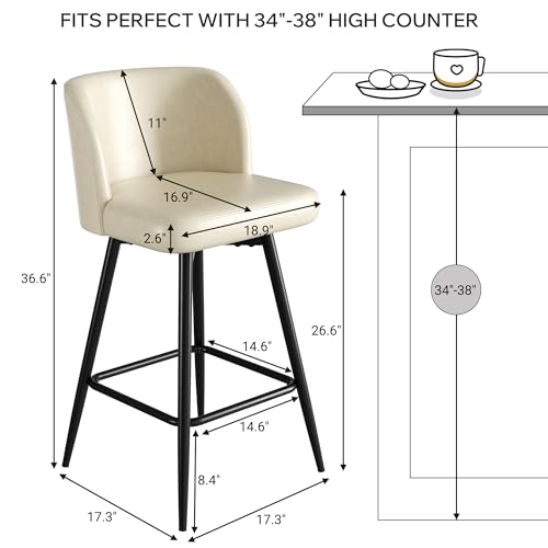 Image of Swivel Bar Stools Set of 4, 26 inch Counter Height Bar Stools with High Back and Metal Legs, Faux Leather Bar Chairs, Modern Barstools for Kitchen Island, Beige