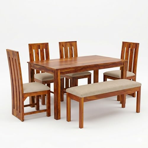Image of SONA ART & CRAFTS Poster Sheesham Wood Dining Table Set 6 Seater Dinner Dinning Table with 4 Cushion Chair with 1 Bench for Dining Furniture for Living Room Home Hotel Office (Natural)