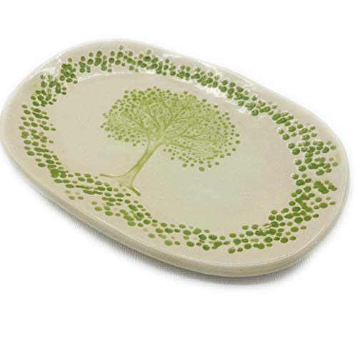 B JANECKA Tree of Life Oval Pottery Tray, Soap Dish, 7 x 4.5 Inches, 9th Anniversary Gift, Handcrafted in USA
