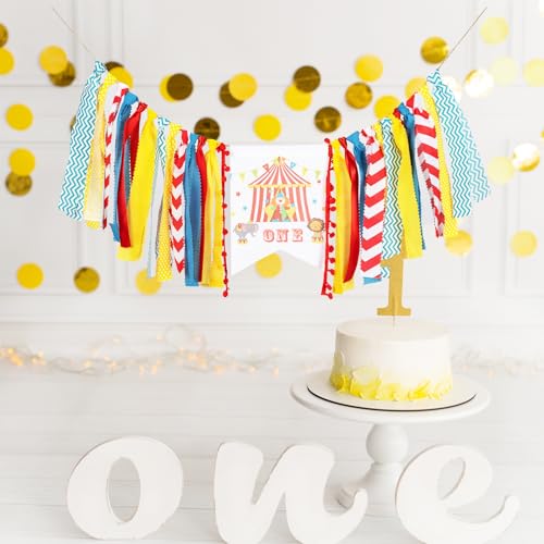 Image of Circus Carnival First Birthday Highchair Banner - Pre-strung Reusable Burlap & Satin Garland for Cake Smash Photos, Boys & Girls 1st Birthday Party Decor