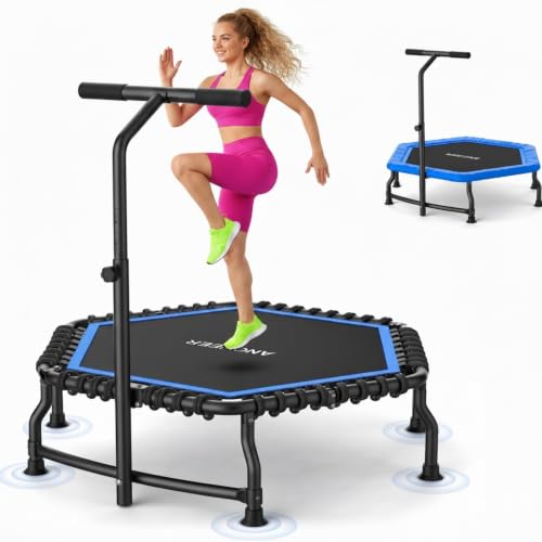 Image of ANCHEER Trampoline, 50'' Rebounder Trampoline for Adult with Bar, Indoor Mini Trampoline, 550LBS Fitness Trampoline with Bungee, Jumping Cardio Equipment, Exercise Trampoline at Home