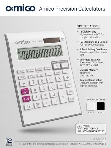 Image of Amigo MI-121DLX Desktop Calculator, 12-Digit Display, 150 Steps Check, White
