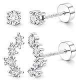 ZELORES 2 Pairs 925 Sterling Silver Flat Back Earrings for Women Dainty 14K Gold Plated CZ Flatback Cartilage Earring Small Helix Tragus Multiple Piercing Jewelry (Silver-CZ Leaf/Set 3)