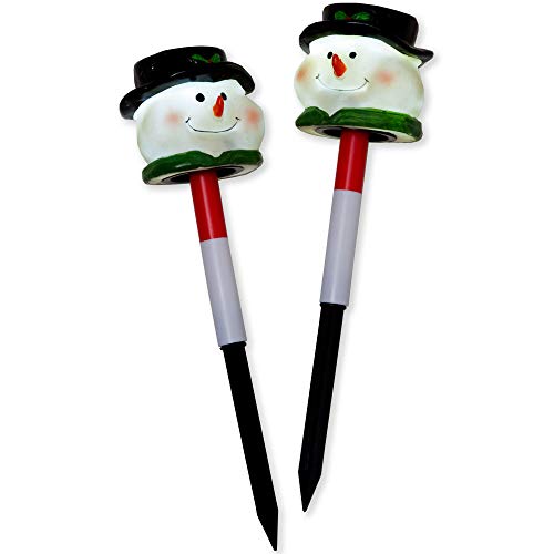 Bits and Pieces - Set of Two (2) 12 Inch Tall Solar Snowman Garden Stakes - Christmas Holiday Yard Light Decoration