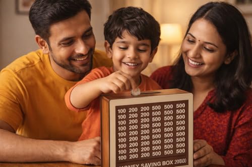 Image of Dr.MASHUR Wooden Money Saving Challenge Box with Printed Amount Board for Cash and Coin Collection, Reusable Saving Box for Kids and Adults (Pen 2lakh Money Box, 1, Count)