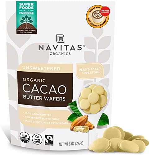 Navitas Organics Cacao Butter Wafers – For Hot Cocoa, Desserts, Baking & DIY Skincare Recipes – 100% Unrefined Food Grade Cacao Butter – USDA Organic, Fairtrade, Non GMO, Vegan (8oz. Bag 17 Servings)
