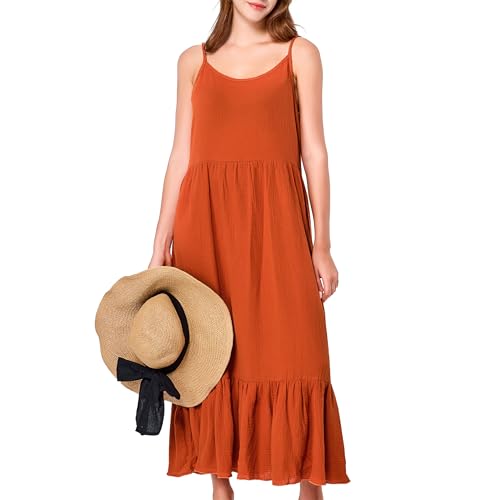 Image of Simple&Opulence Women Summer Casual Cotton Maxi Dress, Loose Sleeveless Spaghetti Strap Tiered Boho Flowy Sundress for Beach