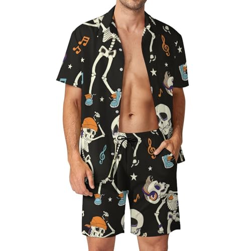 Ensemble chemise hawaïenne squelette musique et short d'été homme