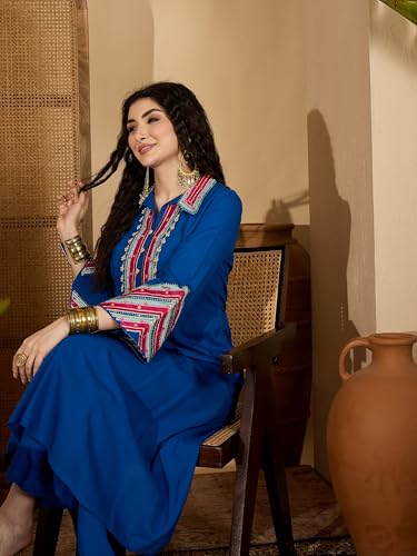 Image of Stylum Women's Solid & Embroidered Rayon A-Line Kurta Pant Set