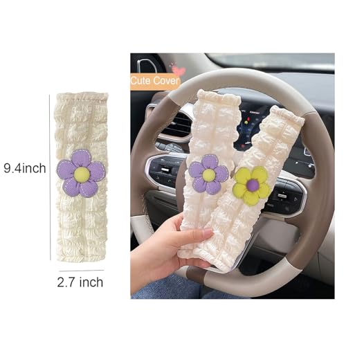 Image of Car Seat Belt Cover Pad, 2 Pack Flower Car Accessorie Seatbelt Covers Cushion Neck Shoulder Strap Protector Universal Seat Belt Cover for Adults and Kids (Purple and Yellow)