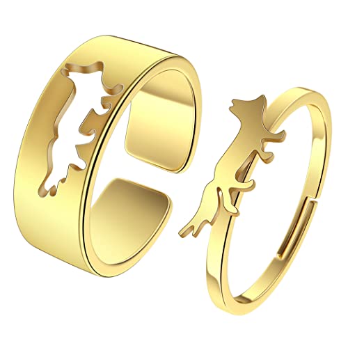 Chereda 2PCS Matching Cute Animals Promise Engagement Rings for Couples Men Women Jewelry Band Sets 316L Stainless Steel Adjustable Open Ring (Fox-g, Adjustable)