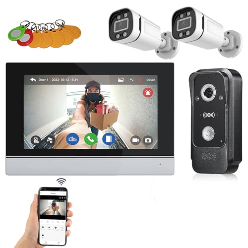 Set videocitofono con WiFi, fotocamera HD 1080p, schermo da 7 pollici, 2 telecamere esterne, visione notturna, app per smartphone