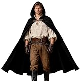 Yaolzeku Men's Velvet Black Cloak with Hood, Renaissance Medieval Black Hooded Cloak Mantle for Women, Warm Halloween Hooded Cape with Metal Loop Clasp and Belts on Collar