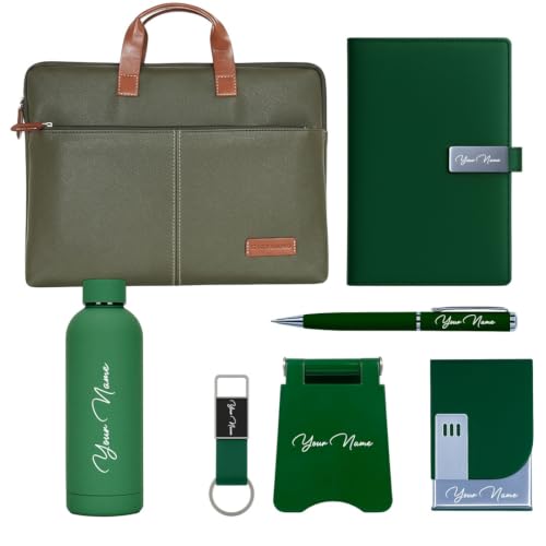 Image of Giftana 7 in 1 Laptop Bag and Laptop Stand with Personalized Diary & Pen, Keychain, Card Holder, Mobile Stand Set, Customized Gift for Husband, Employee Welcome Kit, Corporate Gift for Employees (Green 2)