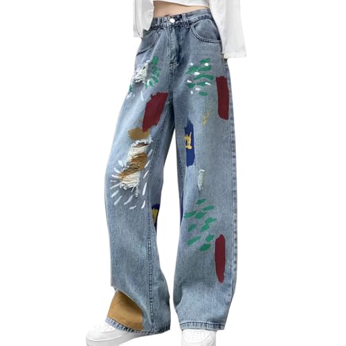 Fashion Womens Jeans Y2K High Waist Wide Leg Casual Loose Straight Cute Graffiti Ripped Denim Pants