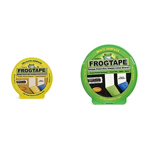 Frog Tape Yellow Delicate Surface Painters Masking Tape 36mm x 41.1m & Green Multi Surface Painters Masking Tape, Indoor Painting and Decorating For Sharp Lines and No Paint Bleed 36mm X 41.1m Cover