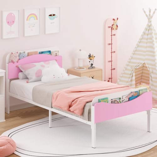 Timy Kids Twin Bed Frame with Bookcase Headboard and Footboard, Metal Platform Bed Frame for Boys Girls Teens, No Box Spring Needed, White and Pink