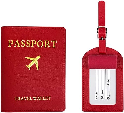 Image of House of Quirk Luggage Tag and Passport Protector Set, Plane Pouch Passport Suitcase Identification Leather Tag Luggage Tags for Children School Bag (Red)