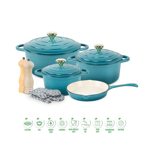 VAV GET Saludable y seguro, juego de 7 piezas de utensilios de cocina de hierro fundido esmaltados antiadherentes. El juego incluye: sartén de horno holandés de 24 cm, utensilios de cocina de horno