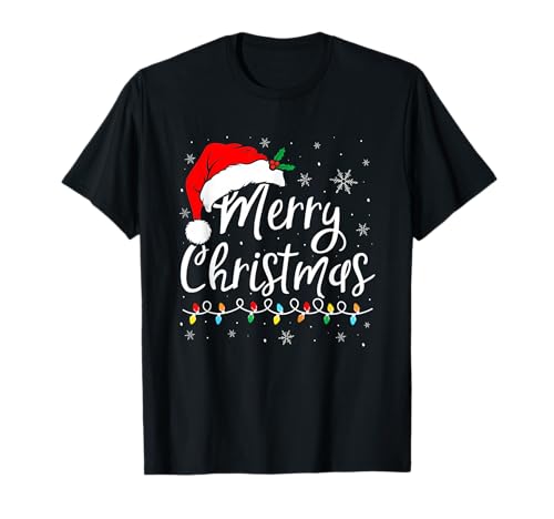 Merry Christmas Lights Santa Hat Xmas Family Matching Gifts Camiseta