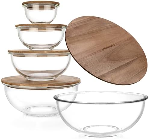 Set of 5 Nesting Glass Bowls with New Updated Acacia Lids for Foo...