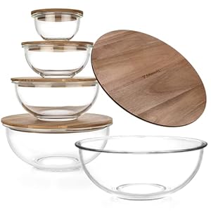 Glass Mixing Bowls – Nesting Bowls – Cute Collapsible Glass Bowls With Acacia Lids Food Storage – 5 Stackable Microwave Safe Glass Containers – Salad Mixing Bowls – Baking Bowls For Kitchen
