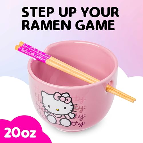 Image of Silver Buffalo Sanrio Hello Kitty Waves, Ramen Bowl with Chopsticks, 20oz | Waving Pink, Ceramic, Noodle Rice, Microwave Safe, 0.59 Liters