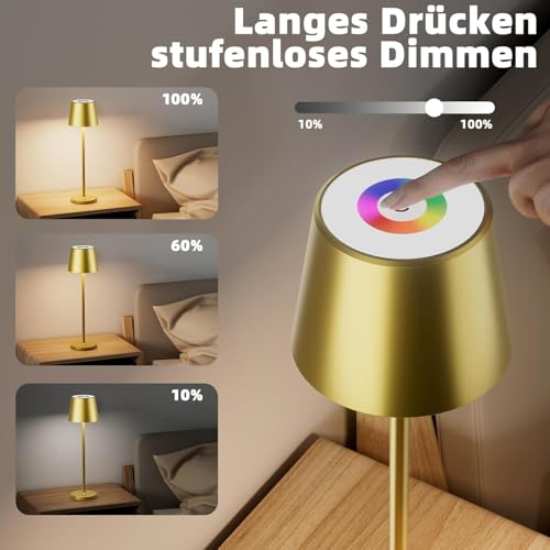 Keepoo Tischlampe Kabellos Dimmbare LED Akku Tischleuchte, Wiederaufladbar Warme Lichtfarbe 3000K+RGB Aluminium Outdoor Tischlampe wasserdicht für Restaurant,Schlafzimmer,Bar,IP54 (Gold 1 Stück)