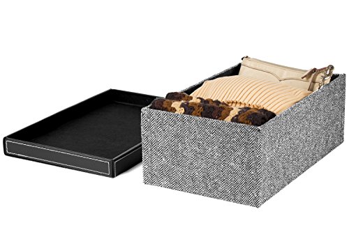 Creative Scents Black & White Herringbone Design Pattern Fabric Storage Box, Lidded Shelf-Storage Bin, Decorative Closet Organizer Basket + Faux Leather Lid