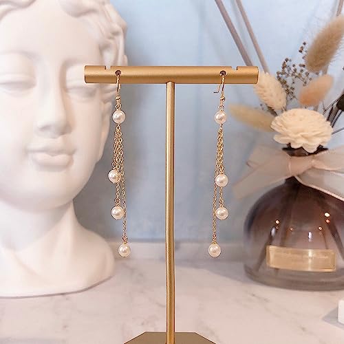 Minimalist Pearl Tassel Hook Earrings for Women Irregular Gold Plated Long Bead Chain Drop Dangle Earrings Vintage Silver Wedding Jewelry Gifts (Gold) by ZZ ZINFANDEL - Used condition - Image 3