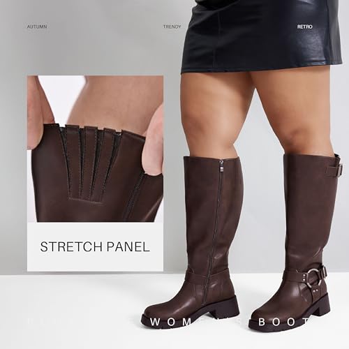 Pasuot Extra Wide Calf Boots for Women - Knee High Square Toe Wide Width Platform Plus Size Tall Boots with Side Zip, Elastic bands Buckle Chunky Heel Wide Leg Fashion Motorcycle Boot for Spring Fall4