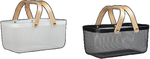 ブルー ワイヤーバスバスケット 手提げ式 多機能収納ケース 浴室用・温泉用 バス用品・化粧品・小物収納 クローゼット/トイレ収納適用 省スペース シンプルおしゃれ 多機能収納バスケット 浴室収納 アウトドアキャリー 省スペース収納 (ホワイト+ブラック)