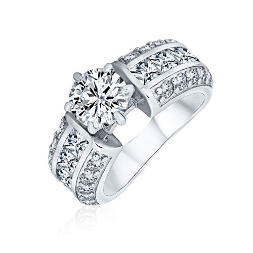 Bling Jewelry Art Deco Style 2CT Round Brilliant Cut AAA CZ Solitaire Engagement Ring for Women Wide 3 Row Pave Band Sterling Silver