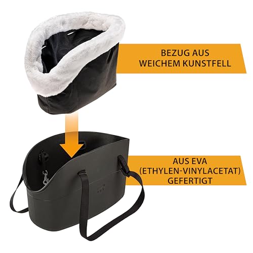 Ferplast Hundetasche bis 8 kg Wasserabweisendes, Waschbares Gummiertes Plastik, Gepolstert mit Warmem Plüsch, Verstellbare Griffe, Sicherheitsgurt, 43,5 x 21,5 x h 27 cm Schwarz.