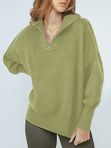Anrabess Women's Half Zipper Sweater Top Long Sleeve Oversized Slit Side Knit Pullover Sweaters 566Doulv-S #TOP1